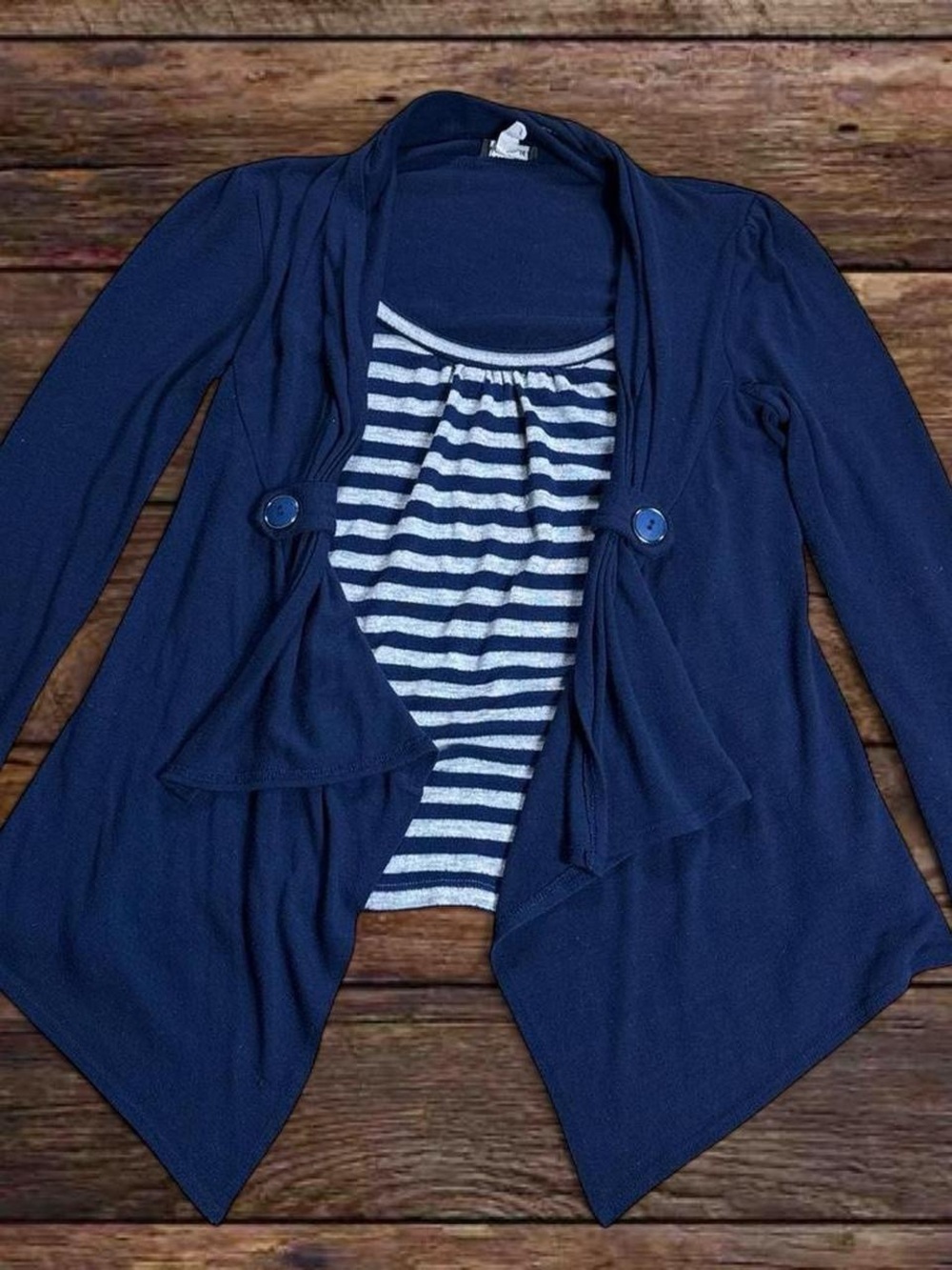 Wet Seal Navy Blue Open-Front Cardigan with Striped Tank